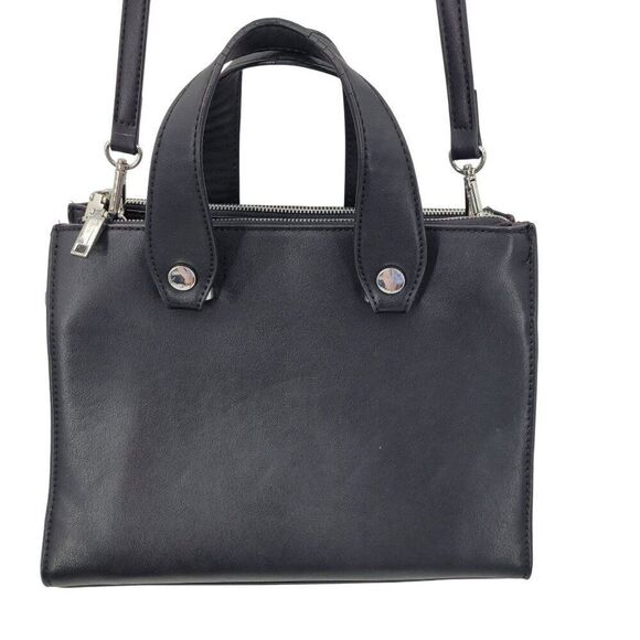 MNG Black Vegan Faux Leather Double Top Handle Crossbody Bag Removeable Strap - Picture 2 of 16